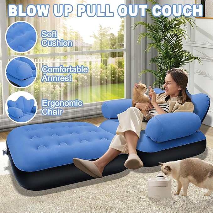 Blow Up Pull Out Couch with Headboard,Inflatable Couch with Flocked Surface,Folding Inflatable Chair for Adults,Portable Air Sofa Bed,Durable Air Couches,Inflatables couches for Camping-1pc