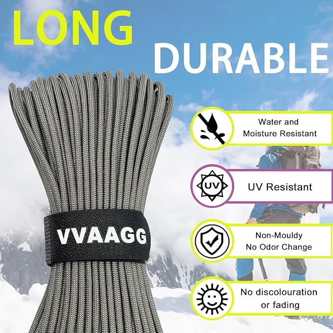 VVAAGG 1000 Paracord Rope 100FT Utility Parachute Cord 4mm 12 Strand Nylon Camping Rope, Tent Rope, Clothsline Rope