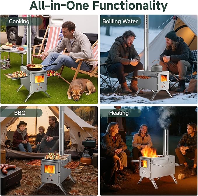 H&ZT Hot Tent Stove, Portable Wood Burning Stove with 7 Chimney Pipes, Ideal for Camping, Cooking & Winter Heating