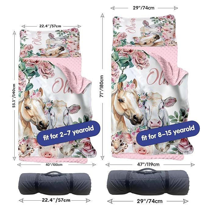Custom Toddler Nap Mat for Preschool, Personalized Name Pink Kids Sleeping Bag with Horse Pattern for Daycare, Roll Up Sleeping Mat with Removable Pillow and Soft Dot Minky Blanke for Girls Camping