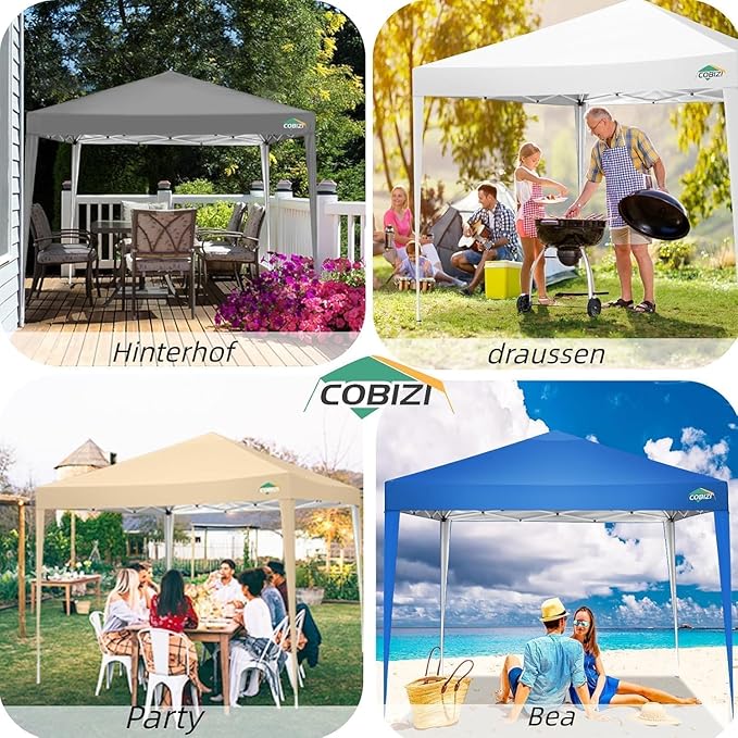 COBIZI 10x10 Pop Up Canopy Tent with 4 Sandbags, Easy Set Up Tent, Instant Outdoor Sun Shelter Canopy with 8 Stakes,4 Ropes&Carry Bag, Tents for Parties, Beach, Backyard,Camping(White)