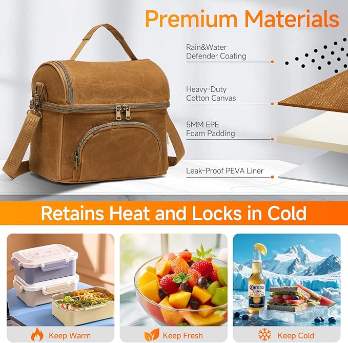 Lunch Box For Men with 2 XL icepacks,Sturdy Waxed Canvas Lunch Bag for Men,Soft adult Cooler Bag for Construction Sites,Work,Picnic and Hiking12-Can(10.5L) 10"x9.5"x7" (Biscuit Yellow)