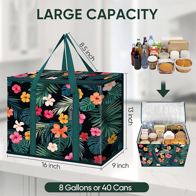 BALEINE 2PK Insulated Reusable Grocery Bags, Collapsible Cooler Bag for Groceries, Heavy Duty Large Insulated Bag (16''x9''x13'', Blossom Season)