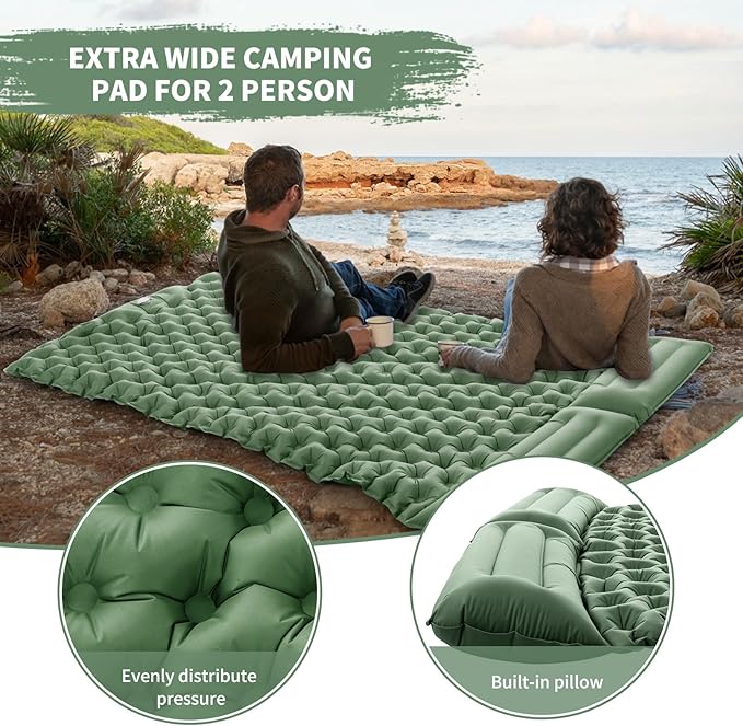 Camping Double Sleeping Pad, Self Inflating Sleeping Mat with Pillow Built-in Foot Pump, 2 Person Portable Camping Air Mattress for Backpacking, Hiking, Traveling, Tent(Green)