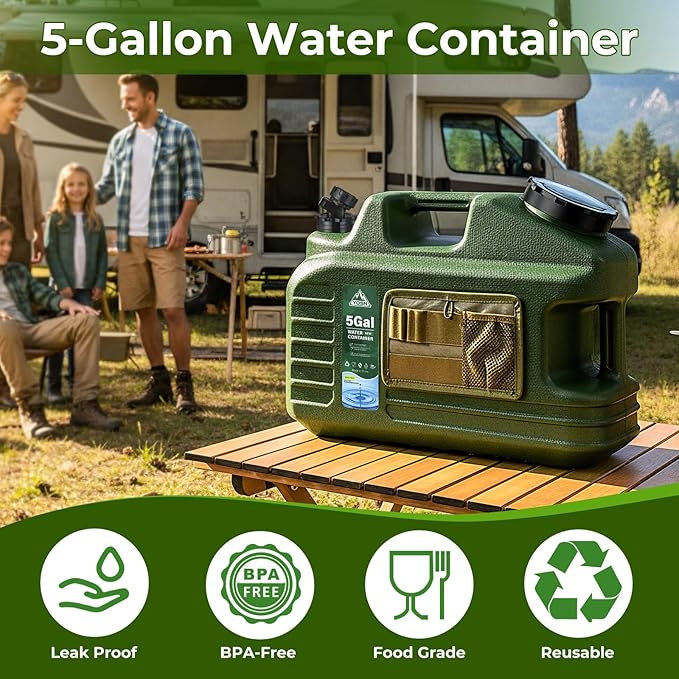 5 Gallon Water Jug, Camping Water Container, BPA Free Portable Water Dispenser with Spigot, Leak-Proof Large Camping Water Jug for Emergency Storage,Outdoor,Hiking