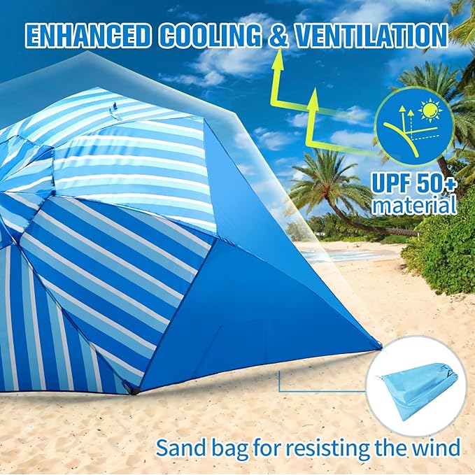 Beach Shelter Umbrella Premiere UPF 50+ Umbrella Shelter for Sun and Rain Protection for Adult (10-Foot,Blue Stripe)