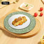 100 Pcs 13 Inch Green Charger Plates, Bulk PP Wedding Chargers with Floral Reef Design Decorative Round Ruffled Rim Dinner Plates for Wedding Party Event Table Setting Decoration