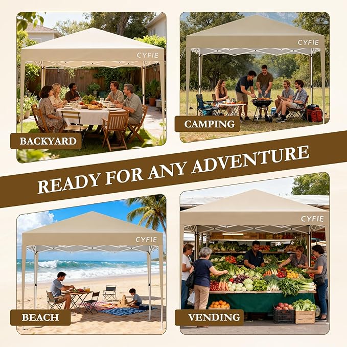 CYFIE 10'x10' Pop Up Canopy Tent with 4 Removable Sidewalls, Portable Instant Commercial Outdoor Canopy Gazebo with Stakes, Ropes, Sandbags for Outdoor Events, Beach, Camping, Vendor Events, Khaki