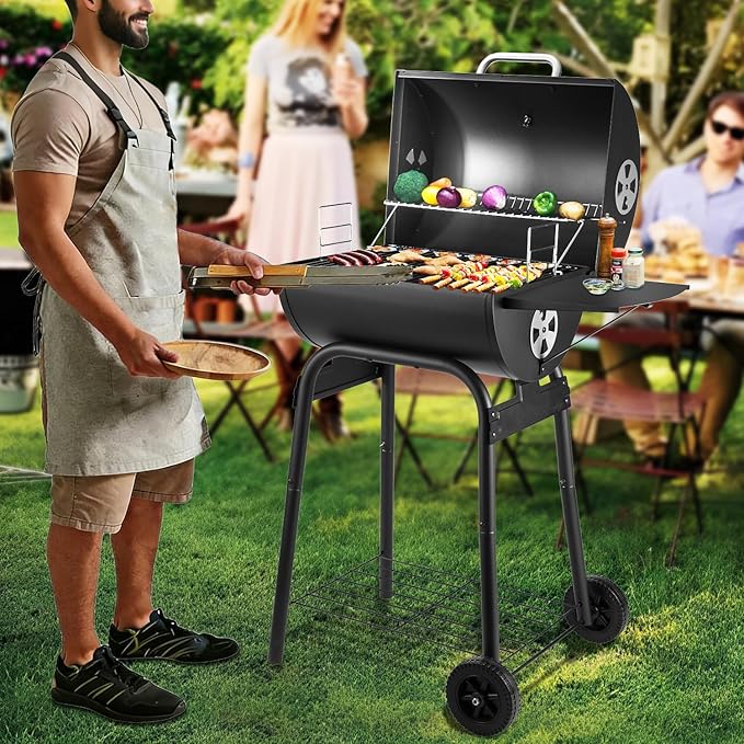 Charcoal Grill Outdoor BBQ Grill, Barrel Charcoal Grills with Side Table, with Nearly 500 Sq.In. Cooking Grid Area, Outdoor Backyard Camping Picnics, Patio and Parties, Black