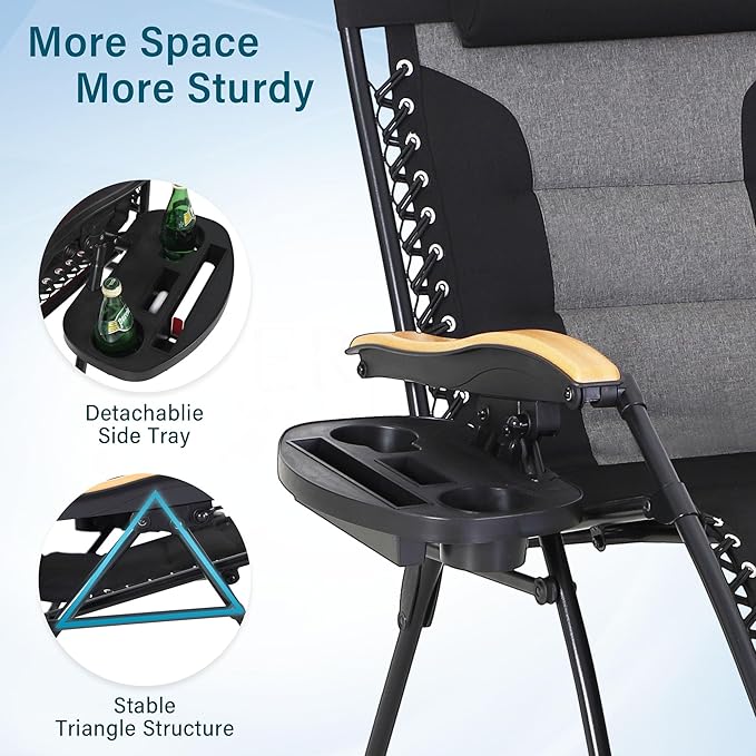 MFSTUDIO Zero Gravity Chairs Set of 2, XL Oversized Outdoor Anti Gravity Chair, Patio Lounge Folding Adjustable Chair with Cup Holder & Padded Headrest, Support 400lbs,Black
