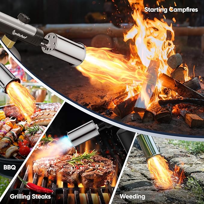 Propane Torch Gun with One-Touch Max Fire, Kitchen Blow Torch with a Safety Lock for Sous Vide Searing Steak, Grill, Charcoal Starter, Campfire(Propane Tank Not Included)