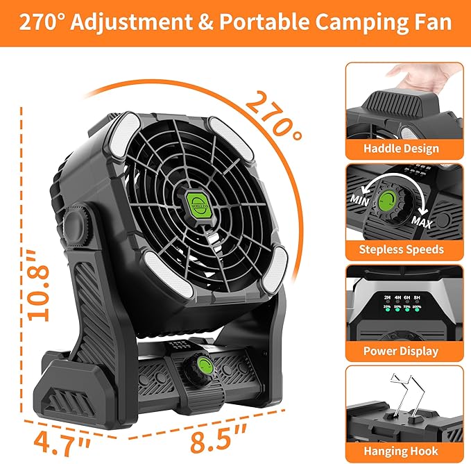 20000mAh Cordless Fan Emergency Portable Rechargeable Fan & Light for Power Outage, Car Defrosting, Indoor - Battery Operated Fan with 270° Pivot, USB, Hook & LED, Portable Camping X26 Black