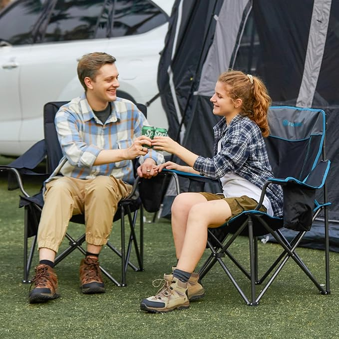 FUNDANGO Oversized Camping Chair for Adults, Heavy Duty Portable Foldable Lawn Chair with Padded Seat & Back, Lumbar Support, 4-can Cooler & Cup Holder, Carry Bag Included for Outdoor