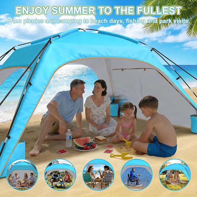 Beach Tent Sun Shelter for 6-8 Person, Beach Sun Shelter with UPF50+ UV Protection, Lightweight and Easy Setup Beach Canopy, Portable Shade Tent for Beach Camping Fishing