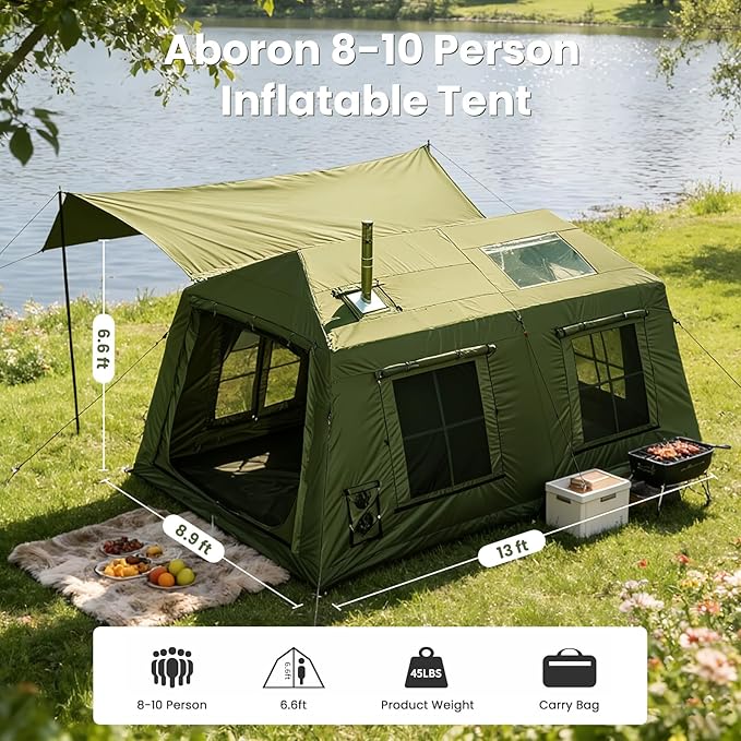 ABORON 2/6/8/10/12 Person Inflatable Camping Tent, Easy Setup Blow Up Tent with Hand Pump, PU3000mm Waterproof & Breathable 4 Season Glamping Tent for Outdoor Camping