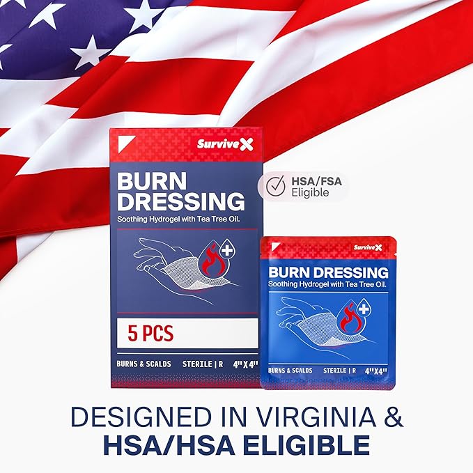 Hydrogel Burn Dressings with Tea Tree Oil - 4x4" Sterile Non-Stick Burn Pads - Emergency First Aid for Instant Cooling, Soothing & Relief - 5 Pack
