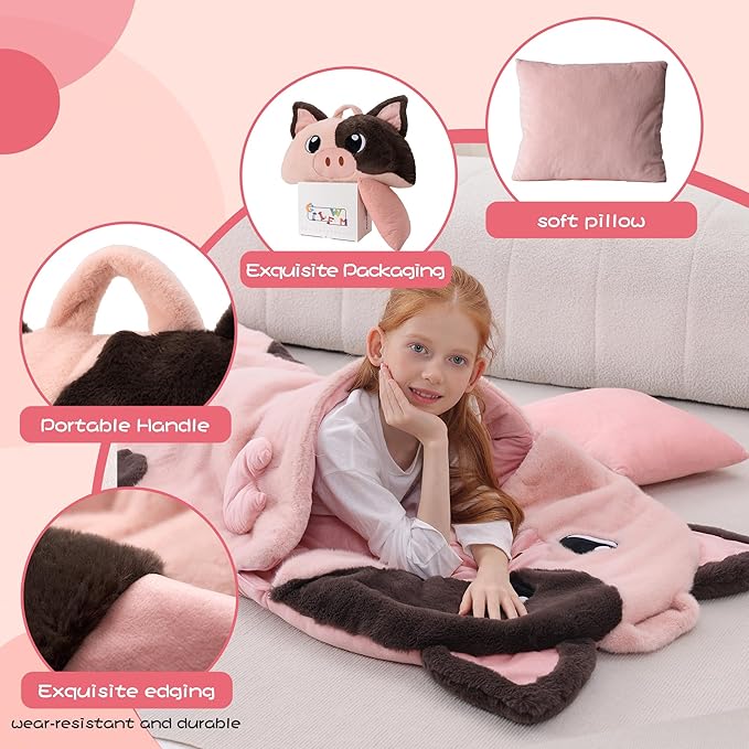 70" 4.2lbs Pig Thickened Kids Nap Mat for Preschool, Daycare,Kindergarten,Soft Washable for Boys and Girls, 2-in-1 Stuffed Animals Sleeping Bag and Pillow, Sleep Sack for Toddlers