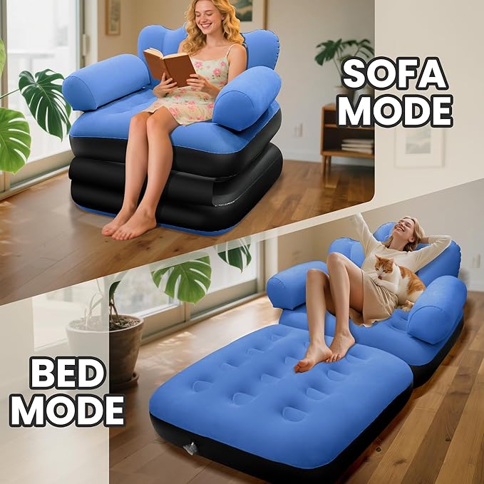 Blow Up Pull Out Couch with Headboard,Inflatable Couch with Flocked Surface,Folding Inflatable Chair for Adults,Portable Air Sofa Bed,Durable Air Couches,Inflatables couches for Camping-2pcs