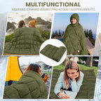 Upgraded Hooded Down Camping Blanket Waterproof 650 Fill Puffy Poncho Blanket 77" x 50" Packable Wearable Sleeping Bag with Detachable Hat Outdoor Stadium Camping, 1.36 lb(Olive Green)