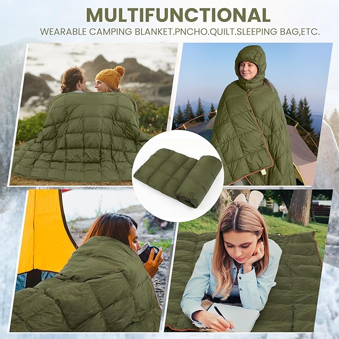 Upgraded Hooded Down Camping Blanket Waterproof 650 Fill Puffy Poncho Blanket 77" x 50" Packable Wearable Sleeping Bag with Detachable Hat Outdoor Stadium Camping, 1.36 lb(Olive Green)