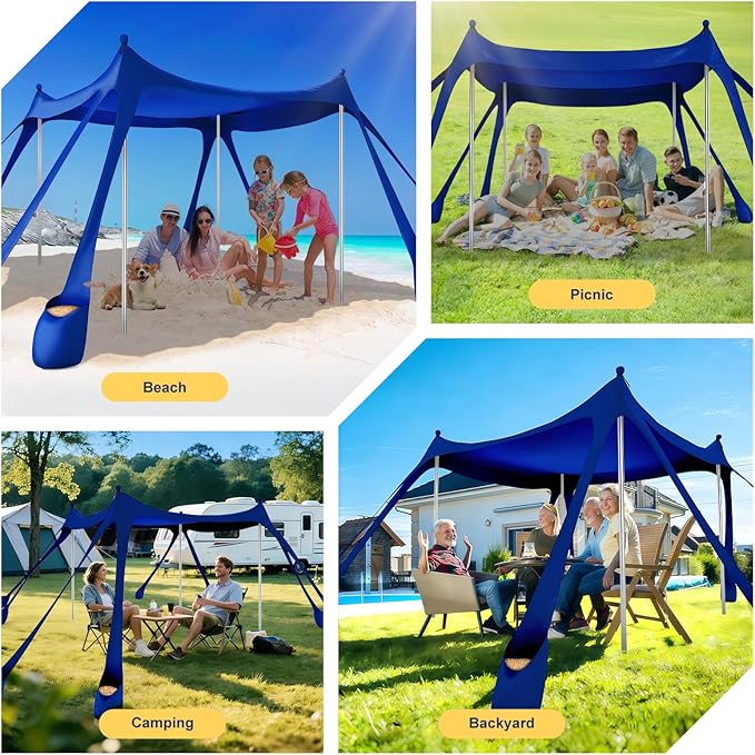 Beach Tent Sun Shelter UPF 50+,10x10 FT Beach Canopy Tent Sun Shade,Pop Up Beach Canopy with 8 Sandbags,Outdoor Beach Shade for Camping Trips, Fishing, Backyard Fun Picnics (Navy Blue)
