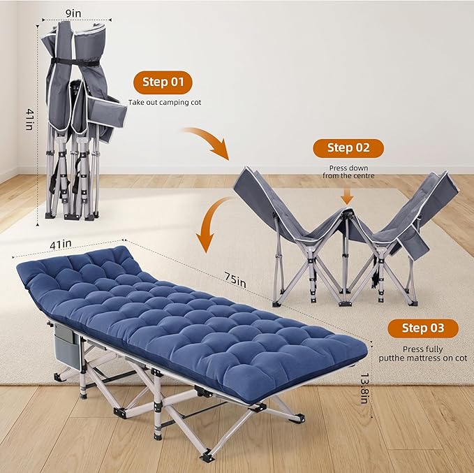 Folding Camping Cot for Adults - 2 Pack Heavy Duty Sleeping Cots with Carry Bag Double Layer Oxford Portable Travel Camp Cots for Outdoor Camp Beach Home Office (Blue Pad & Gray Pad, 2PACK)