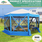 COBIZI 15x15 FT Pop Up Gazebo - Canopy Tent, Large Gazebos On Clearance,Instant Screened in Gazebo,carpas para Patio,Portable Screen Tents for 12-15 Persons Outdoor Camping, Backyard, Blue