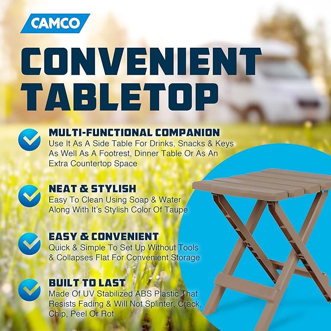 Camco Adirondack Portable Outdoor Camping Small Weatherproof Rustproof Durable Plastic Folding Side Table for Indoor and Outdoor Use, 2 Pack, Taupe