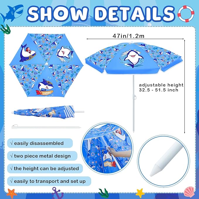 Sweetude Water Table Umbrella (Table Not Included), Kids Seaside Beach Umbrella Picnic Canopy for Summer Toddlers Sand Beach Camping Garden Outdoor Pool Shade Party Supply(Shark Theme)