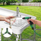 42.5" Fish Cleaning Table with Dual Sink, Portable Folding Camping Table with Foldable Extension Stand, Faucet, Sprayer, Grid Rack, Hose Hook Up & Knife Groove, Outdoor Sink Station for Picnic