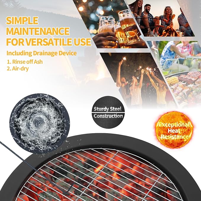 Fire Pits for Outside Wood Burning，3 in 1 Split Fire Pit with Rotating Table, Grill, Poker & Waterproof Cover, Portable Heavy Duty Steel Outdoor Firepit for Camping, Patio, Backyard