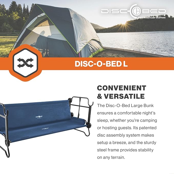 Disc-O-Bed Large Outdoor Convertible 2 Person Bench and Double Camping Cot Portable Bed Bunk System for Adults, Navy