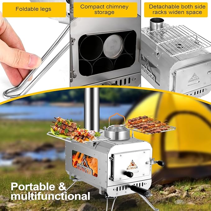 Tent Stove, 7.3ft height Portable Wood Burning Stove, Small Stainless Steel Hot Tent Stove with 6 Chimney Pipes for Outdoor Heating, Cooking, Hunting & Ice Fishing