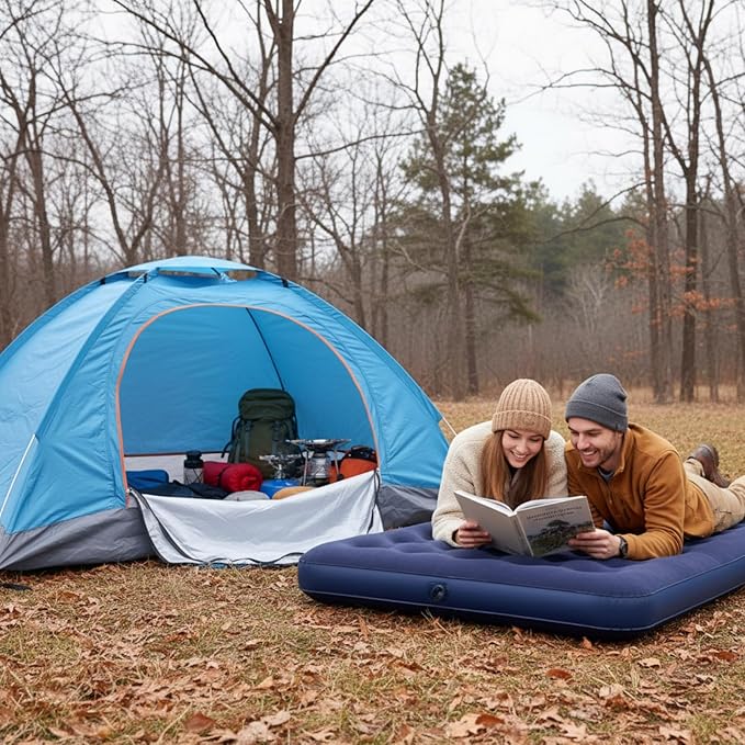 4 Pcs Camping Tent Set Include 1-2 Person Tent, Sleeping Bag, Air Mattress and 110v Ac/12v Electric Air Pump with 3 Nozzles Easy Set up Shelter with Rain Fly and Carrying Bag for Outdoor