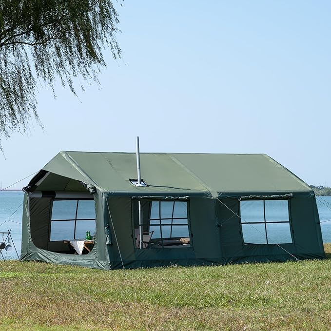 Oxford Inflatable Tent for Camping with Hand Pump, 4 Season Glamping Tents with Stove Jack for 8-12 Person, Waterproof Outdoor Party Camping Festival