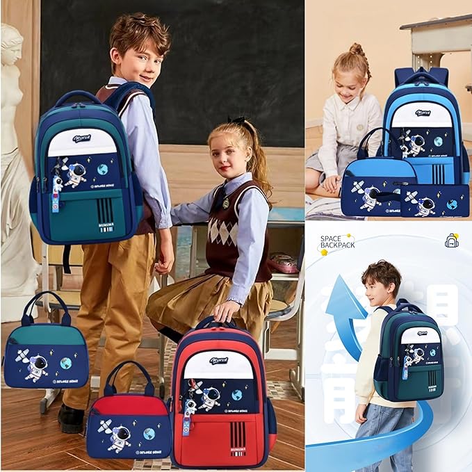 Backpack Set for Boys Astronaut Schoolbag with Lunch Box Pencil Case Set Bookbags for Kids Children Waterproof Lightweight Backpacks