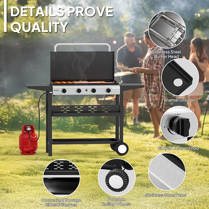 ROVSUN 4 Burner Portable Propane Griddle with Electronic Ignition, 40000 BTU Rolling Flat Top Gas Grill with Enameled Tray & Lid, Side Shelves & Regulator for Outdoor Cooking Camping BBQ Tailgating