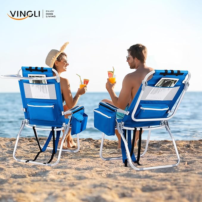 VINGLI Tall Beach Chair 1 Pack Lightweight, Backpack Beach Chair for Adults with 5-Position, Cooler Bag, Cup Holders, Towel Bar, Lightweight Folding Beach Camping Chairs Blue