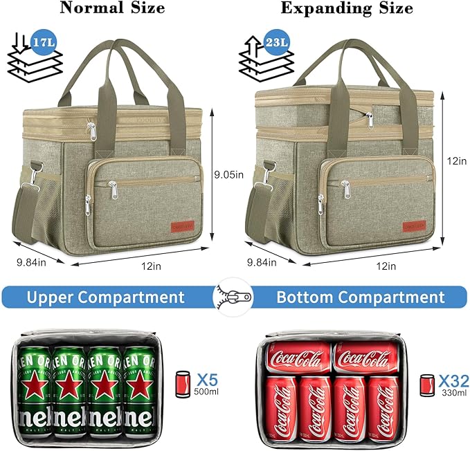Coobiiya Large Expandable Insulated Lunch Bag Cooler Bag，12-23L Lunch Box for Men Double Deck Leakproof，Heavy Duty LunchBag Cooler Bags for Camping, Travel, Kayaking & Beach