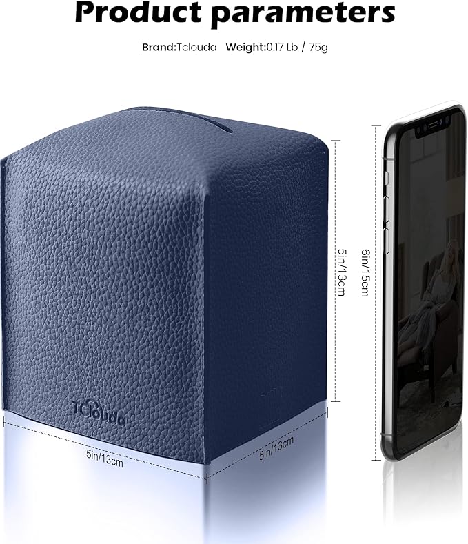 Tissue Box Cover for PU Leather, Modern Simple Solid Color Holder Square Tissue Bag, Ideal for Bathrooms,Office,Car,Outdoor Tent,Dining Table,5"X5"X5", Single Navy Blue