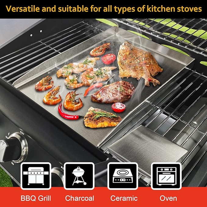 16"×12" Griddle for Gas Grills, Stainless Steel Flat Top Griddle with 2pcs Spatulas for Outdoor Gas & Charcoal Grills, Universal Cooking Plate for Camping Tailgating Parties
