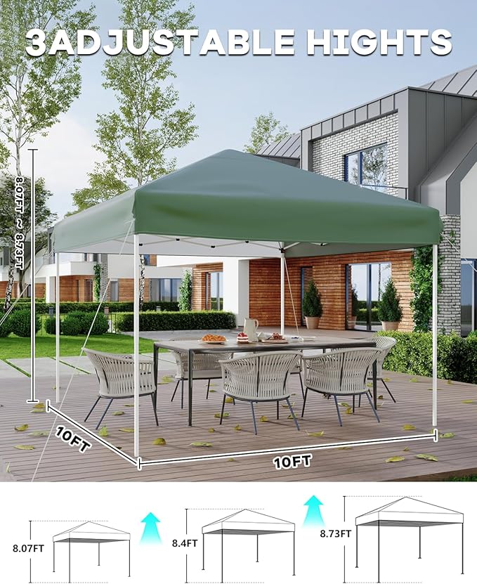 10x10 Pop Up Canopy Tent, Easy Up Canopy with 3 Adjustable Height, Outdoor Sun Shade with 4 Sandbags & Carrying Bag for Camping, Parties,Outdoor Events-Green
