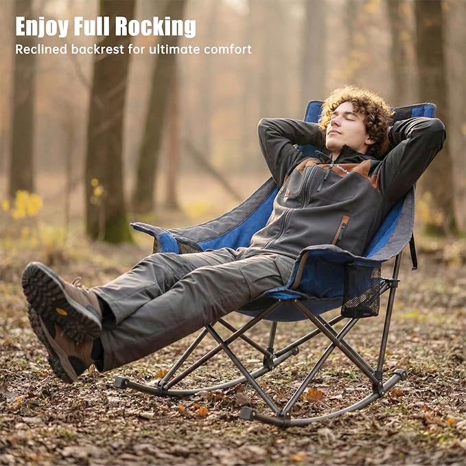 SUNNYFEEL Rocking Camping Chair 2 Pack Fully Padded Patio Folding Chair Portable Oversized Outdoor Rocker High Back Lawn Recliner with Side Pocket Camp Rocker Chairs for Adults Heavy Duty 500 LBS Blue