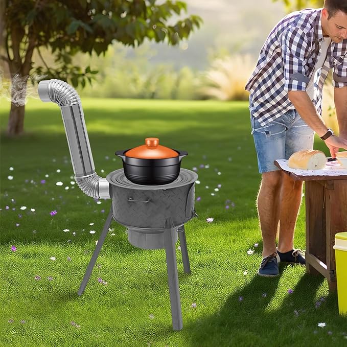 Wood Burning Stove with Grill Rack, Portable Camping Rocket Stove Chimney Charcoal Grill & Wok Rings, for Outdoor Backyard Cooking, Picnic and Barbecue (Silver+Black, 16.9 in)