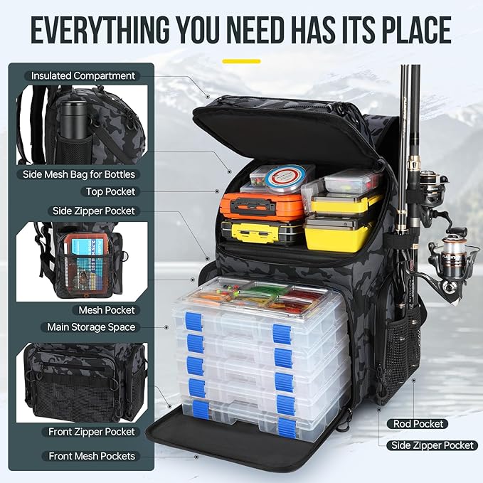 PLUSINNO Cooler Fishing Backpack with Rod Holders 45L Large Water-resistant Fishing Tackle bag Store Fishing Gear Fishing Gifts for Men Father, Sport Bags