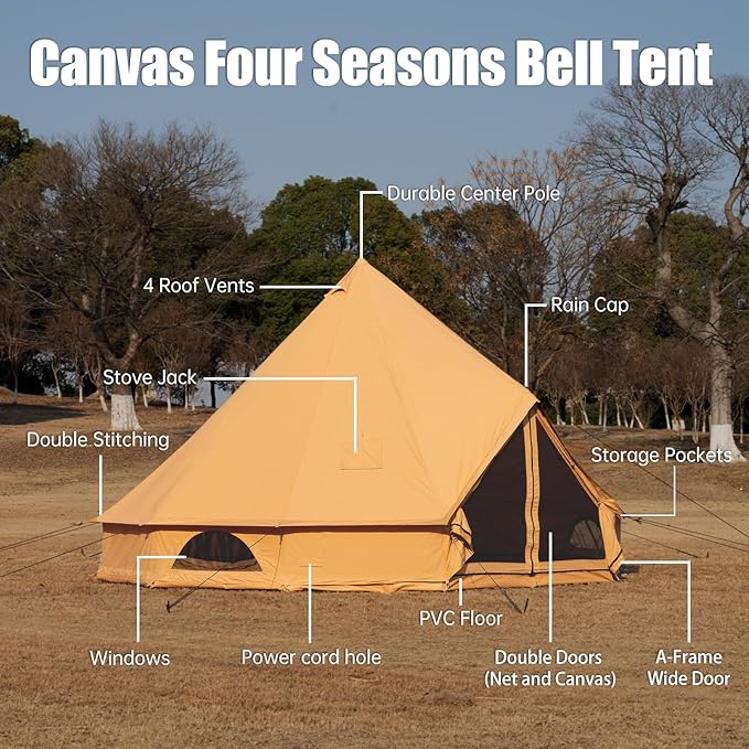 Cotton Canvas Bell Tent with Stove Jack, Roomy Yurt for Family Glamping Camping, 4 Season Tent with Zipped Removable Floor