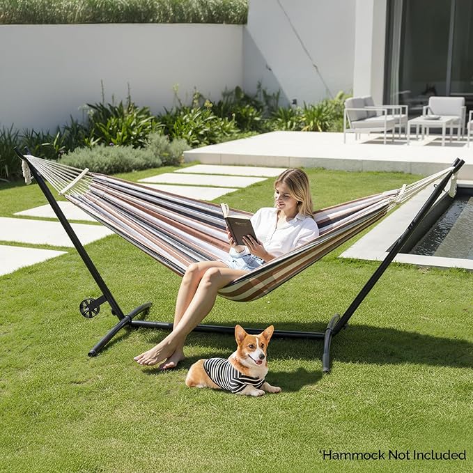 ONCLOUD 9 FT Hammock Stand Only, Heavy Duty Adjustable Indoor Outdoor Space Saving Steel Stand with Carrying Case, Universal Hammock Stand with 450 Pounds Capacity for Garden (Black w/Wheel)