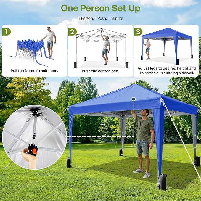 10x10 Pop Up Canopy with Sidewalls, Outdoor Instant Canopy Tent with Carry Bag for Commercial Events, Camping, Backyard Parties - Blue