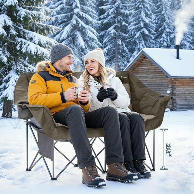 Oversized Double Camping Chair for Adults - Heavy Duty Folding Loveseat Support 700 lbs, Extra Wide 2 Person Camping Couch with Thick Padding, Cup Holders & Storage Bag, Green