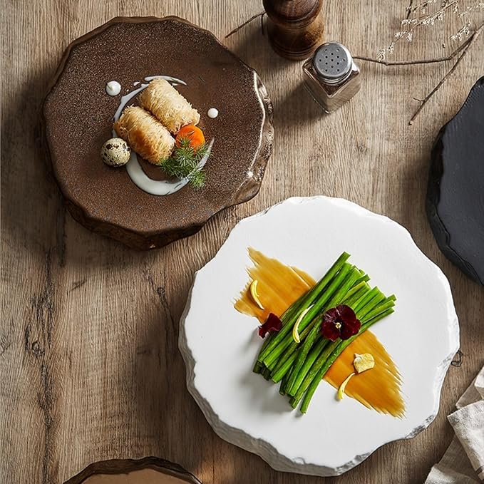 Camping Plates White Special-Shaped Ceramic Stone Pattern Western Dinner Plate Flat Plate Tray Dish Plate Hotel Restaurant Hotel Cold Dish Tableware Decorative Plate(A)